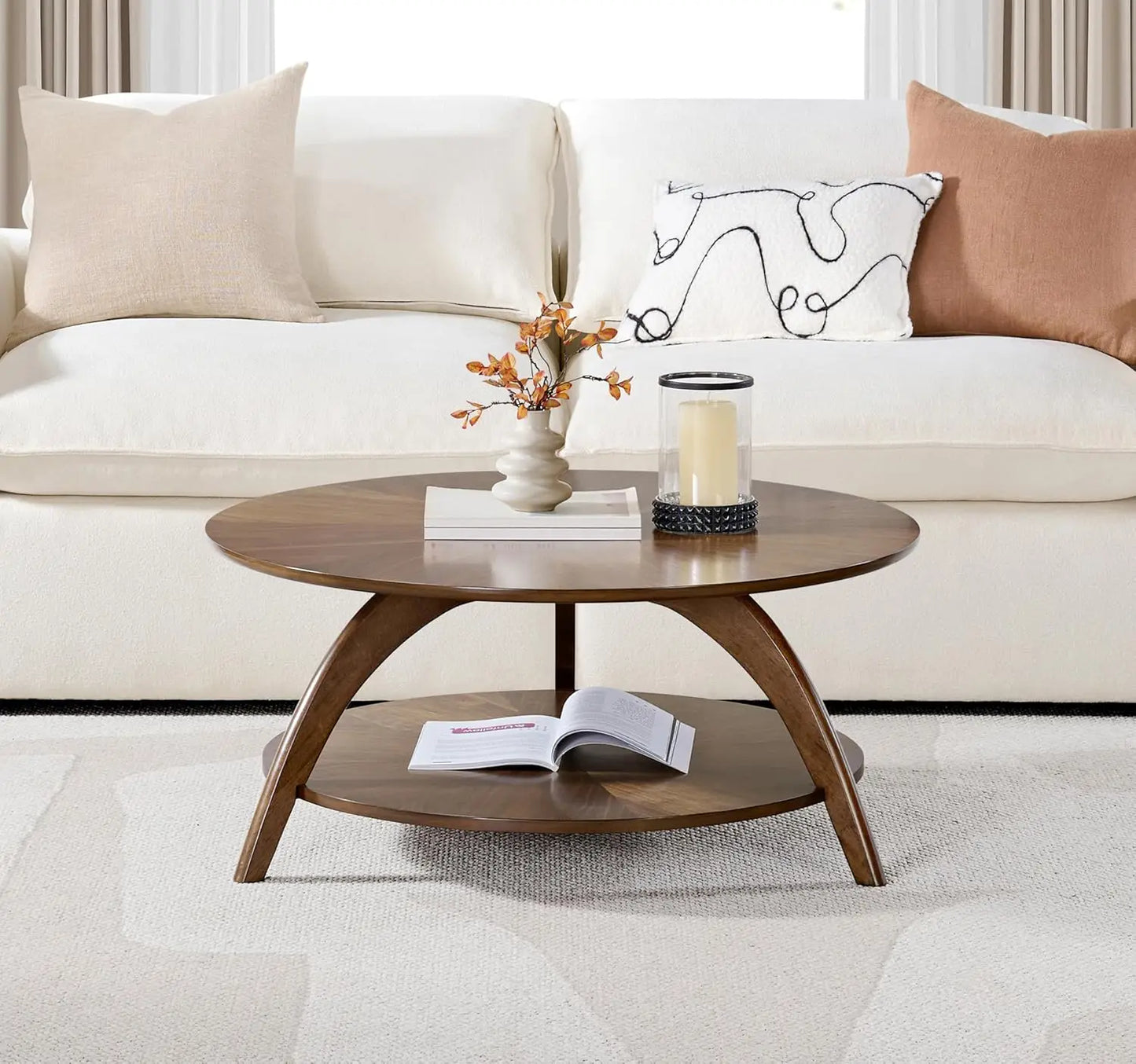 Round Wood Coffee Table with Lower Shelf . Caramel Brown with Walnut Brown Legs