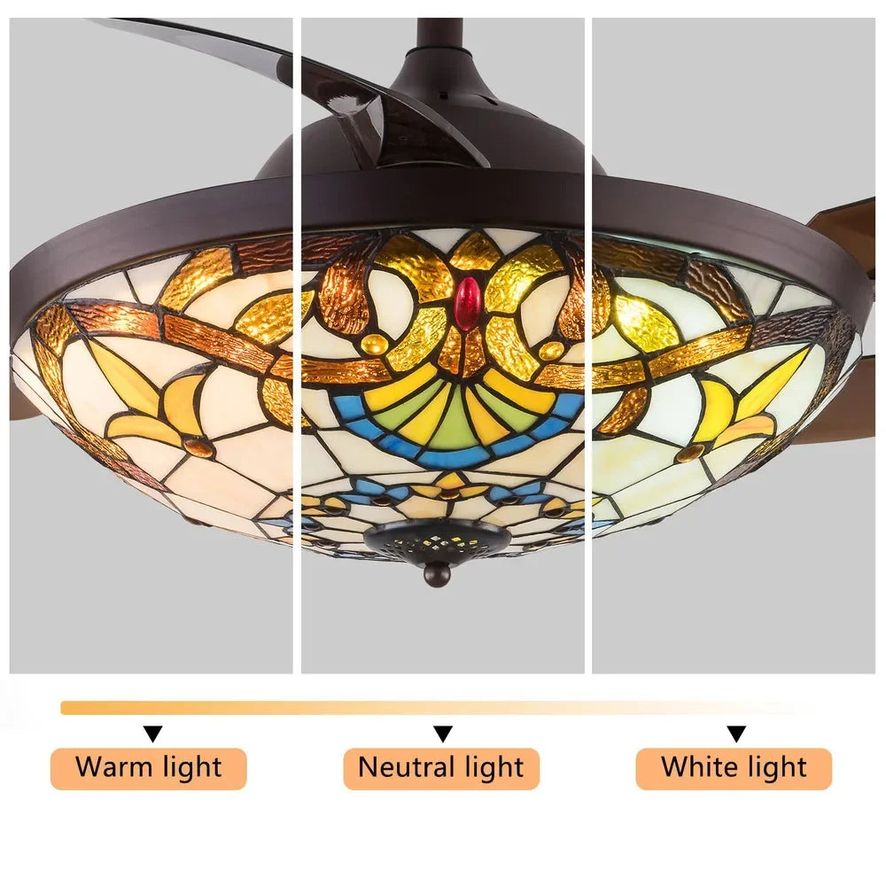 42 in Tiffany Style 3 Speed Ceiling Fan W/ 3 Color Changing LED Lights and Remote Control,