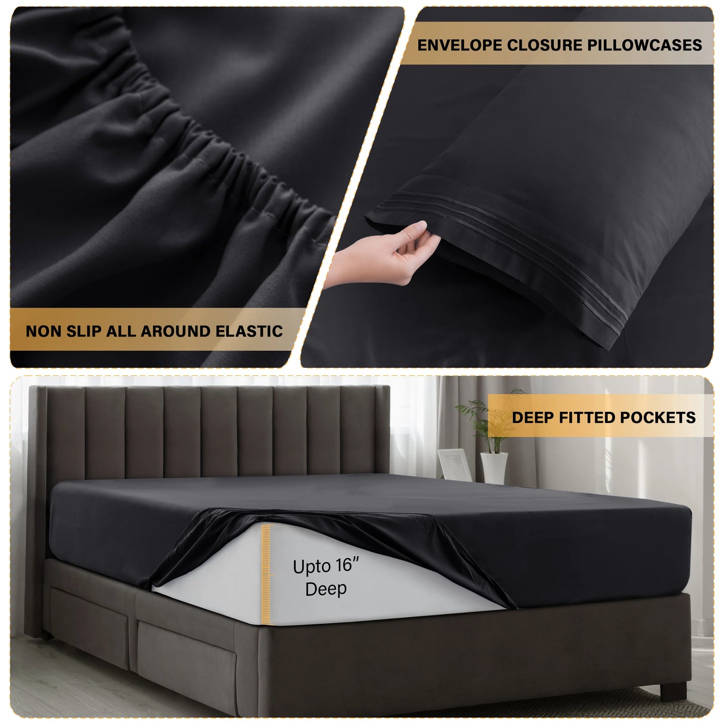 6Pc Solid Sheet Set – Brushed Microfiber, 16" Deep Pockets, with Embroidered & Plain Pillowcases
