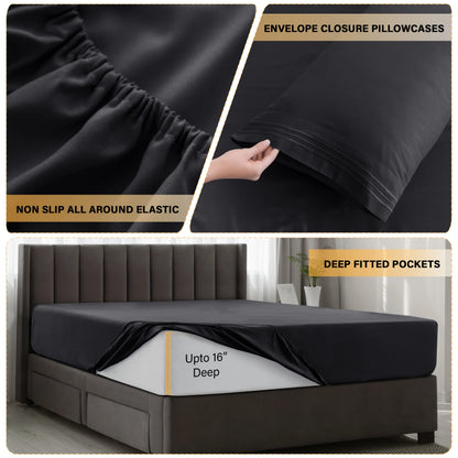 6Pc Solid Sheet Set – Brushed Microfiber, 16" Deep Pockets, with Embroidered & Plain Pillowcases