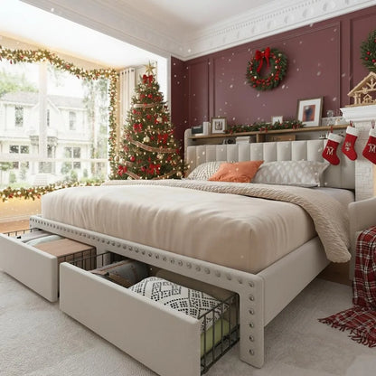 Queen Size Upholstered Bed Frame, with 2 Storage Drawers and 2-Tier Vertical Tufted Headboard