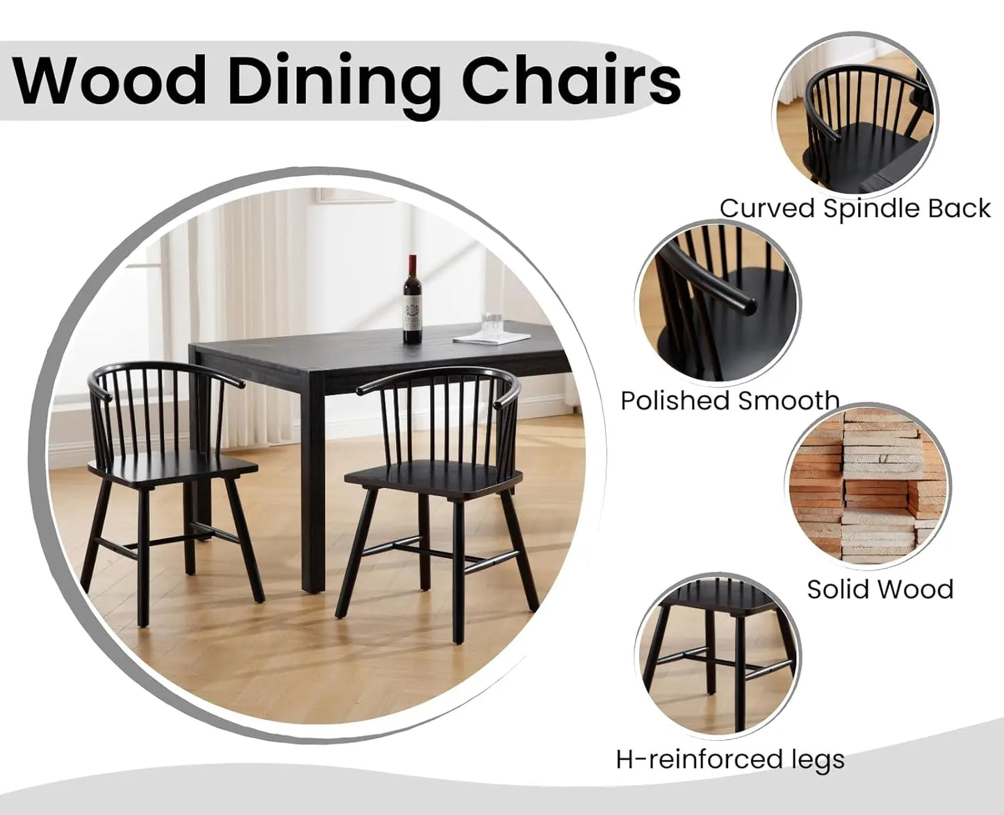 Set of 4 Black Wooden Farmhouse Dining Chairs with Wide Curved Spindle Back
