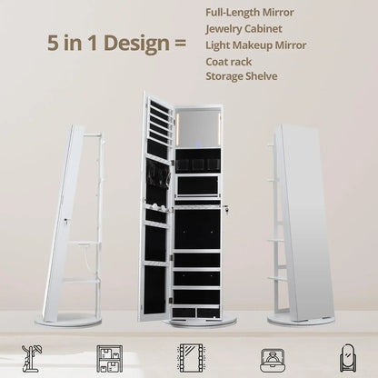 IRONCK 360° Swivel Mirrored Jewelry Cabinet with Full-Length Mirror, Charging Station, Interior Mirror, LED Lights, White