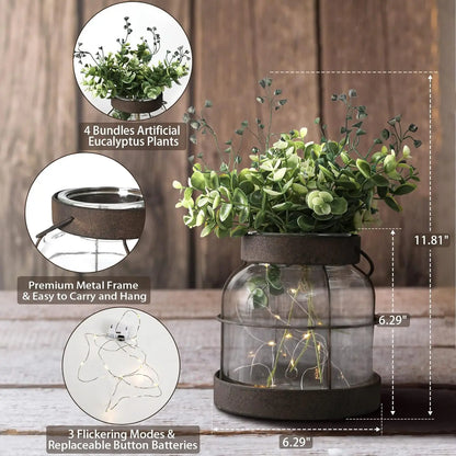 Vintage Glass Lantern Vase with Greenery and Lights