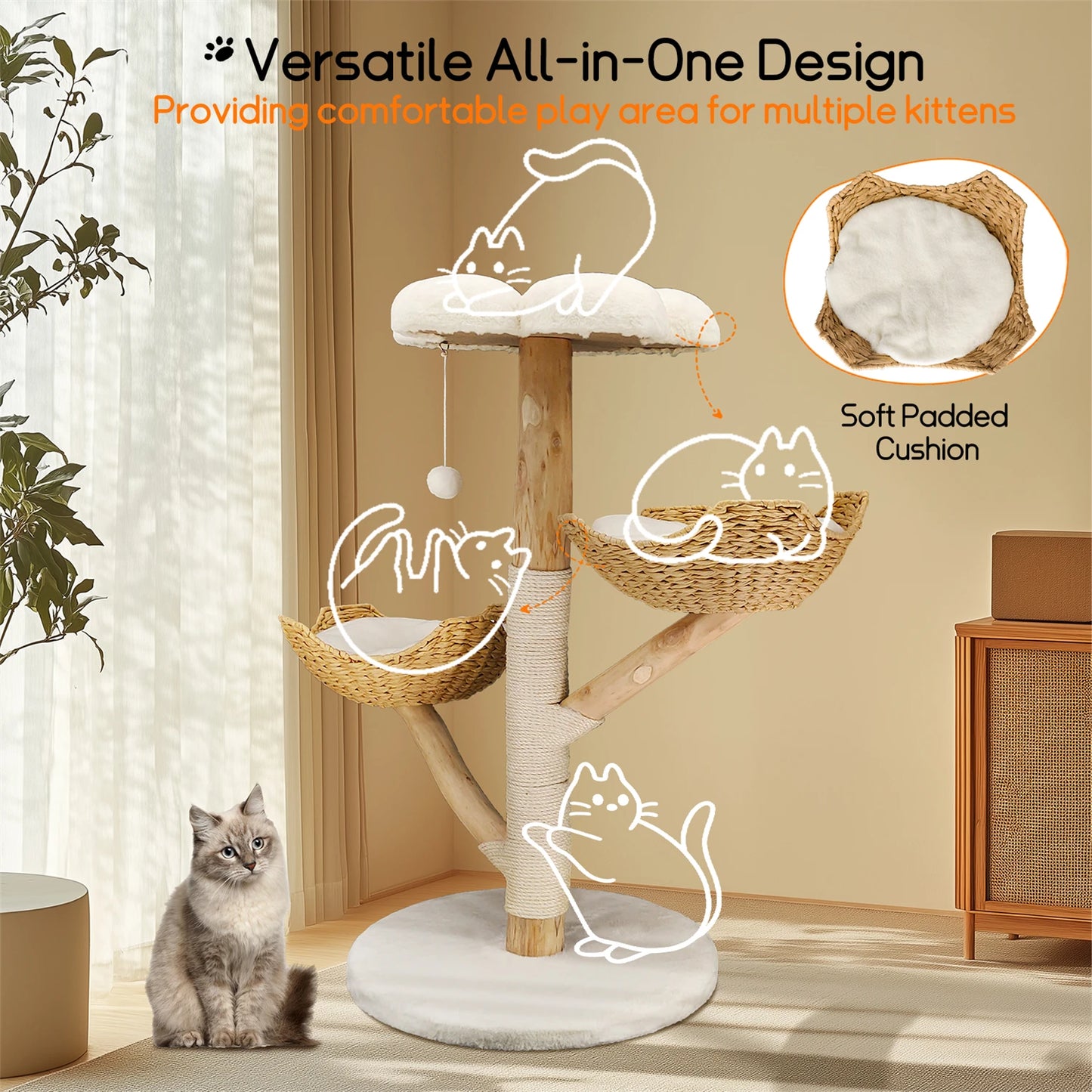 Modern Indoor Cat Activity Tower with Plush Cushion, Scratching Post and Toy Ball.