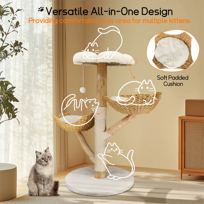 Modern Indoor Cat Activity Tower with Plush Cushion, Scratching Post and Toy Ball.