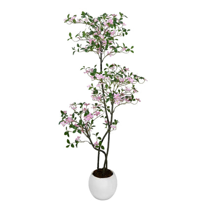 Realistic Pink Blossom Faux Jasmine Tree with UV-Resistant Leaves and  White Planter
