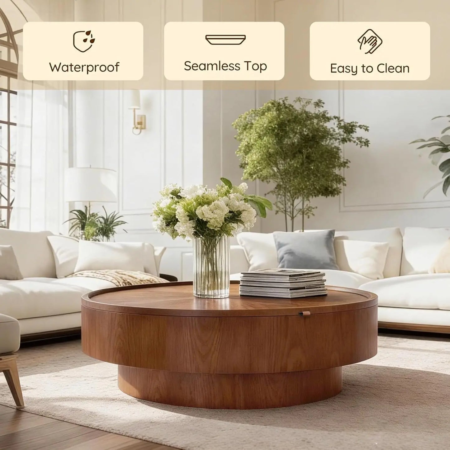Modern Storage Round Drum Coffee Table with Removable Lid,