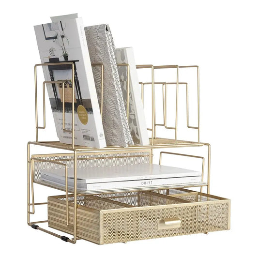 Gold Desk/File Organizer with Mesh Drawer