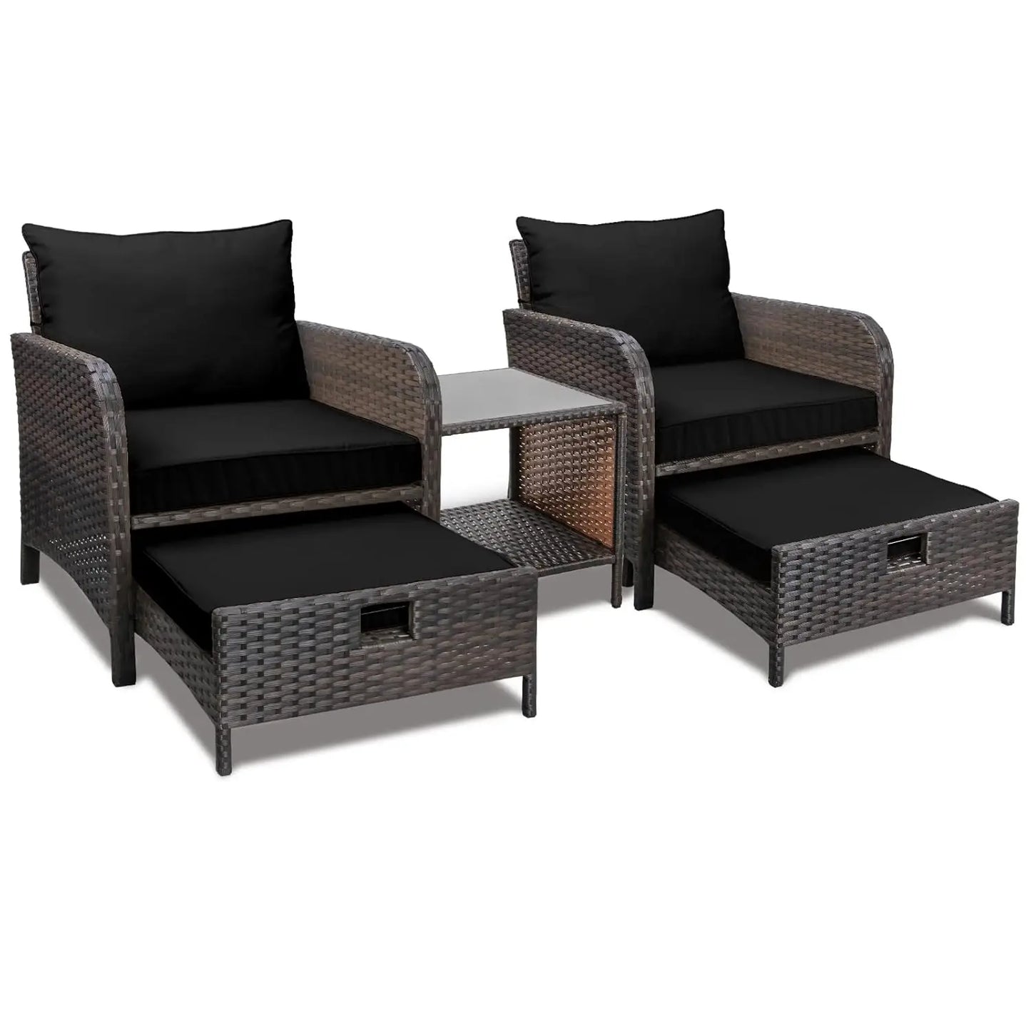 5 Piece Balcony Wicker Rattan Furniture Patio Conversation Set with Lounge Chairs and Footstools.