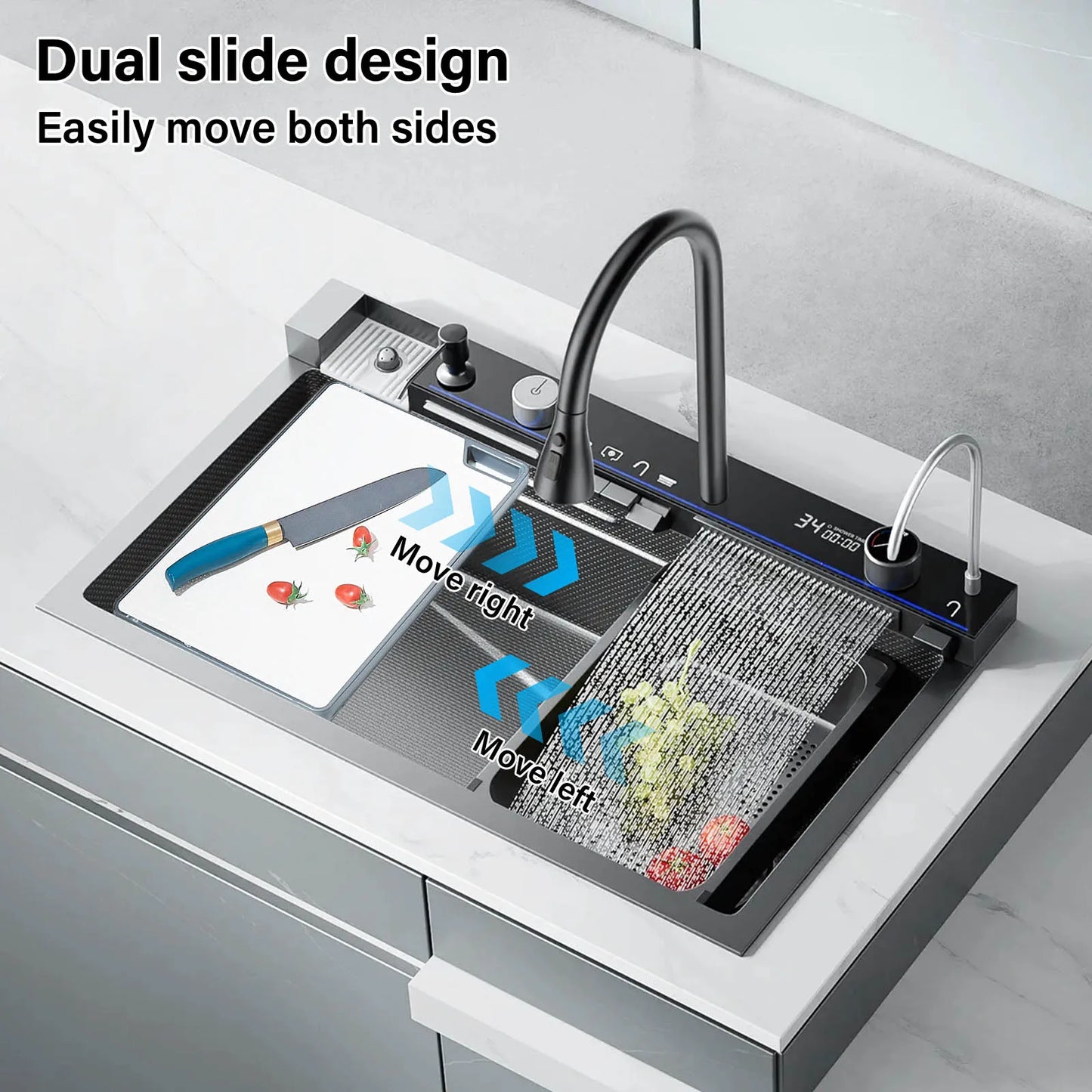 304 Stainless Steel Kitchen Sink with Digital Display Waterfall Faucet