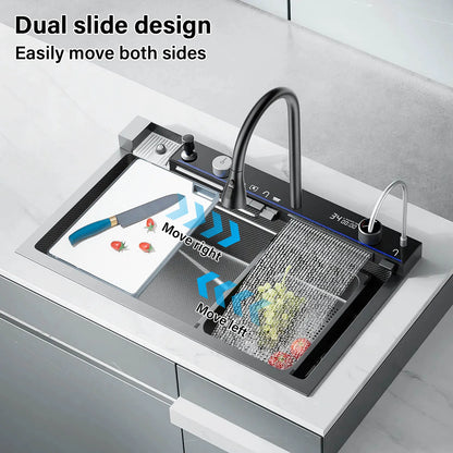 304 Stainless Steel Kitchen Sink with Digital Display Waterfall Faucet