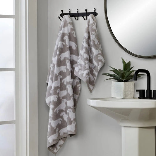 Soft Gray Dog Bath Towel, 100% Cotton, 27x50 Inches with Fun Woven Design