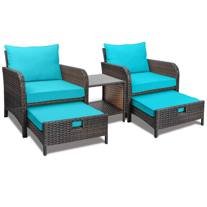 5 Piece Balcony Wicker Rattan Furniture Patio Conversation Set with Lounge Chairs and Footstools.