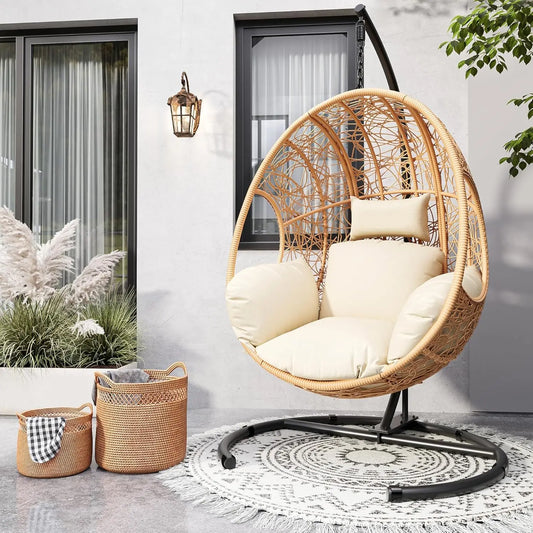 Wicker Hanging Egg Chair with Stand 400lbs Capacity for Bedroom, Patio, Garden