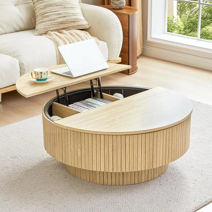 31.5" Modern Accent Round Coffee Table with Storage and Fluted Edge