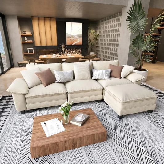 123.6" L- Shaped  Comfy Chenille Modular Cloud Couch Sectional Sofa with Wide Armrest and Ottoman