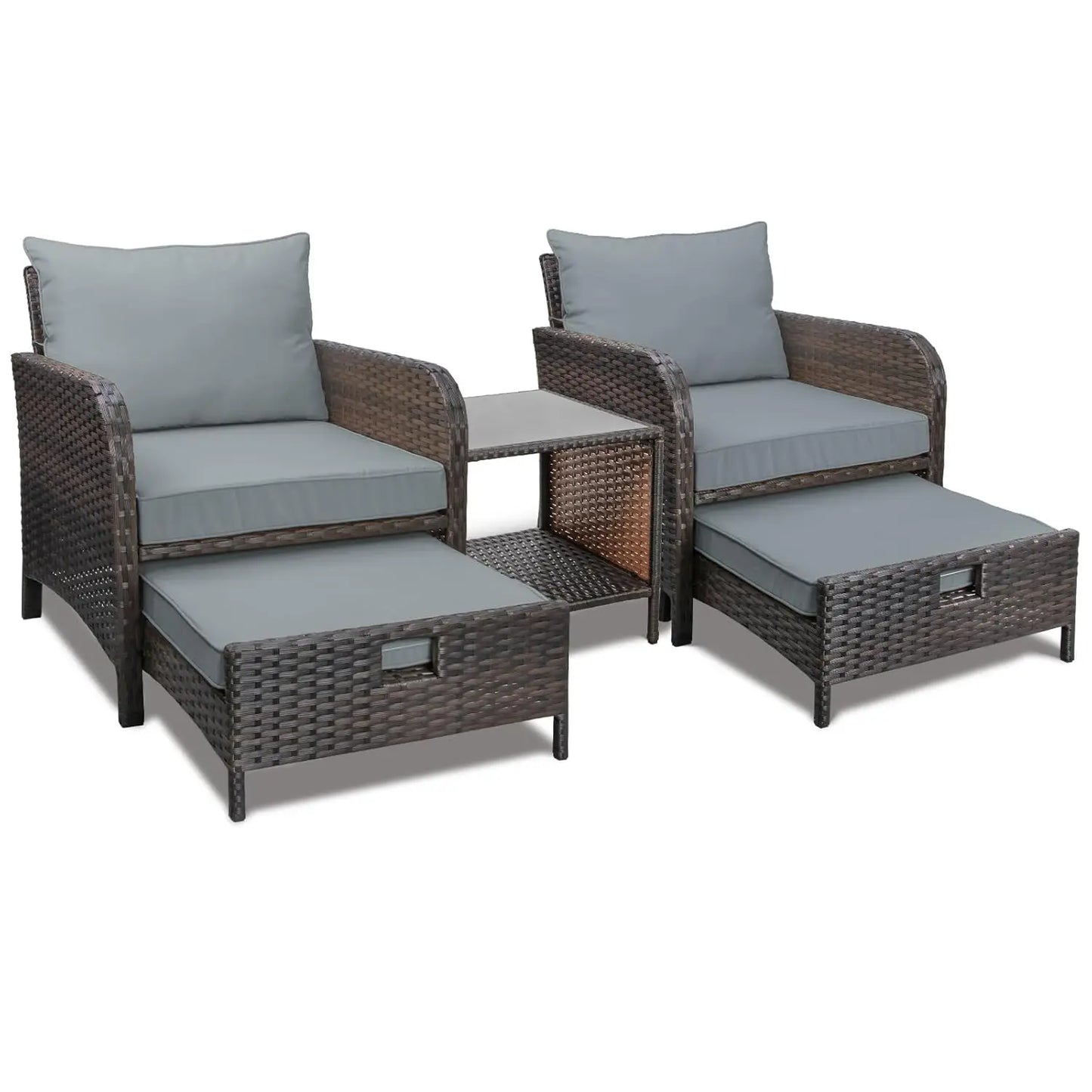 5 Piece Balcony Wicker Rattan Furniture Patio Conversation Set with Lounge Chairs and Footstools.