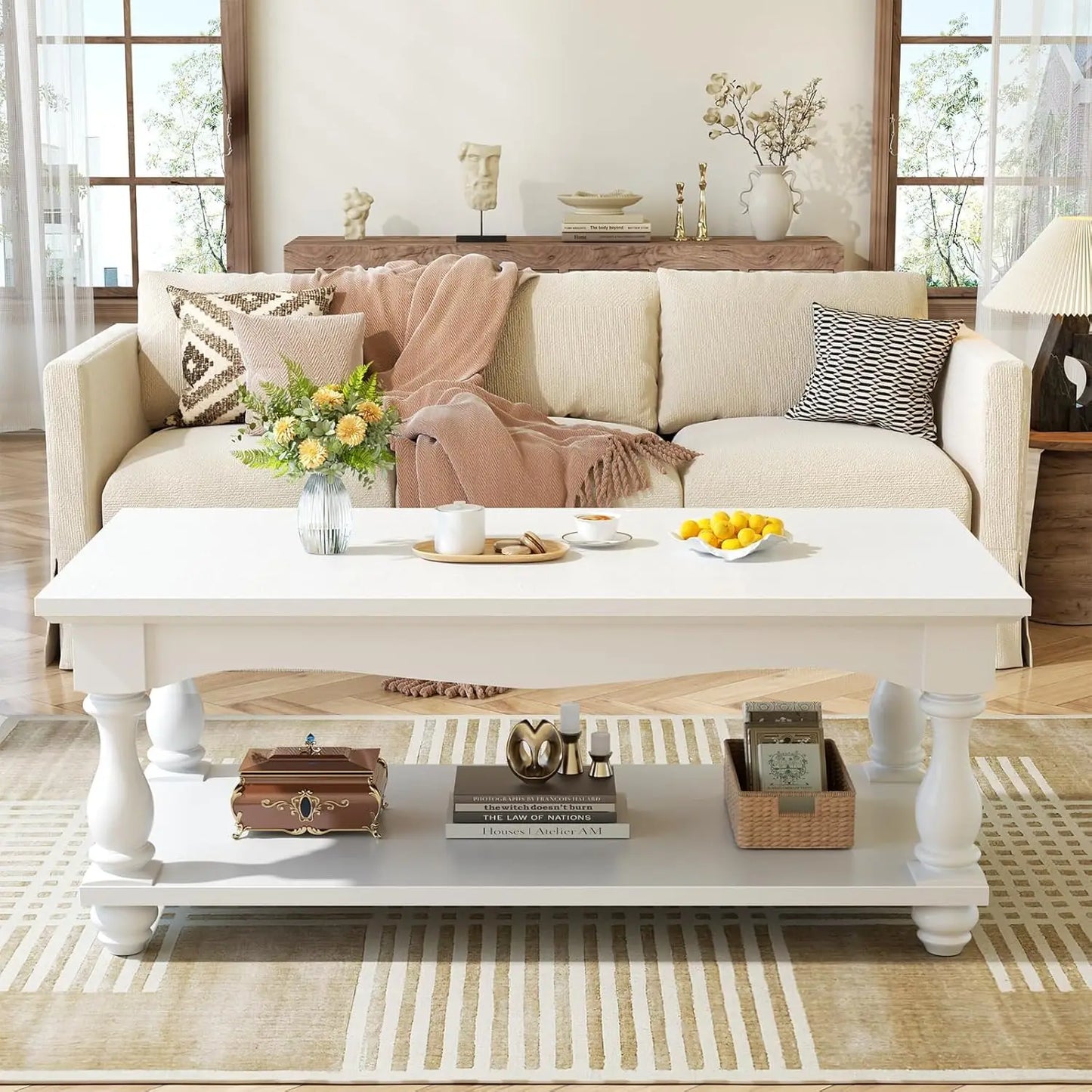 Farmhouse Coffee Table with Storage, Mid Century Coffee Tables for Living Room, 47 inch Modern 2-Tier Rectangle, Customized