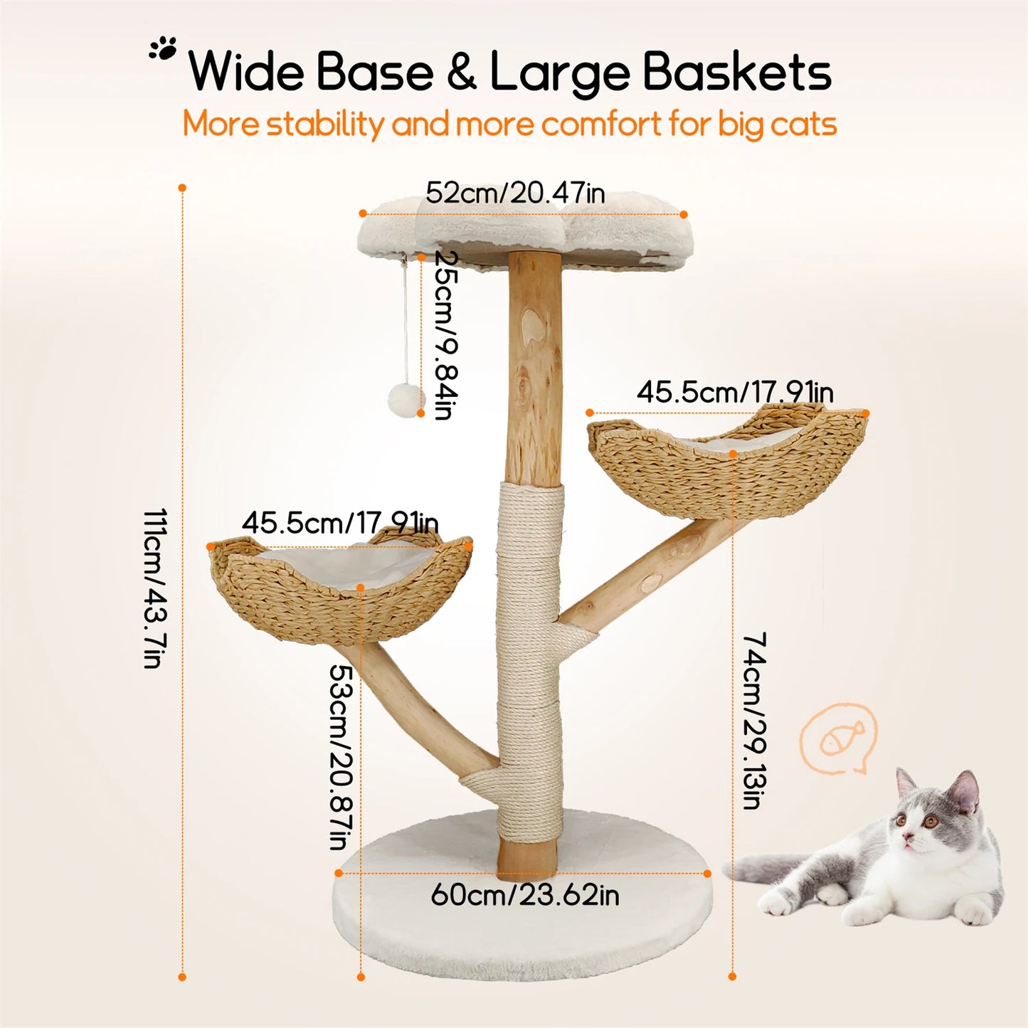 Modern Indoor Cat Activity Tower with Plush Cushion, Scratching Post and Toy Ball.