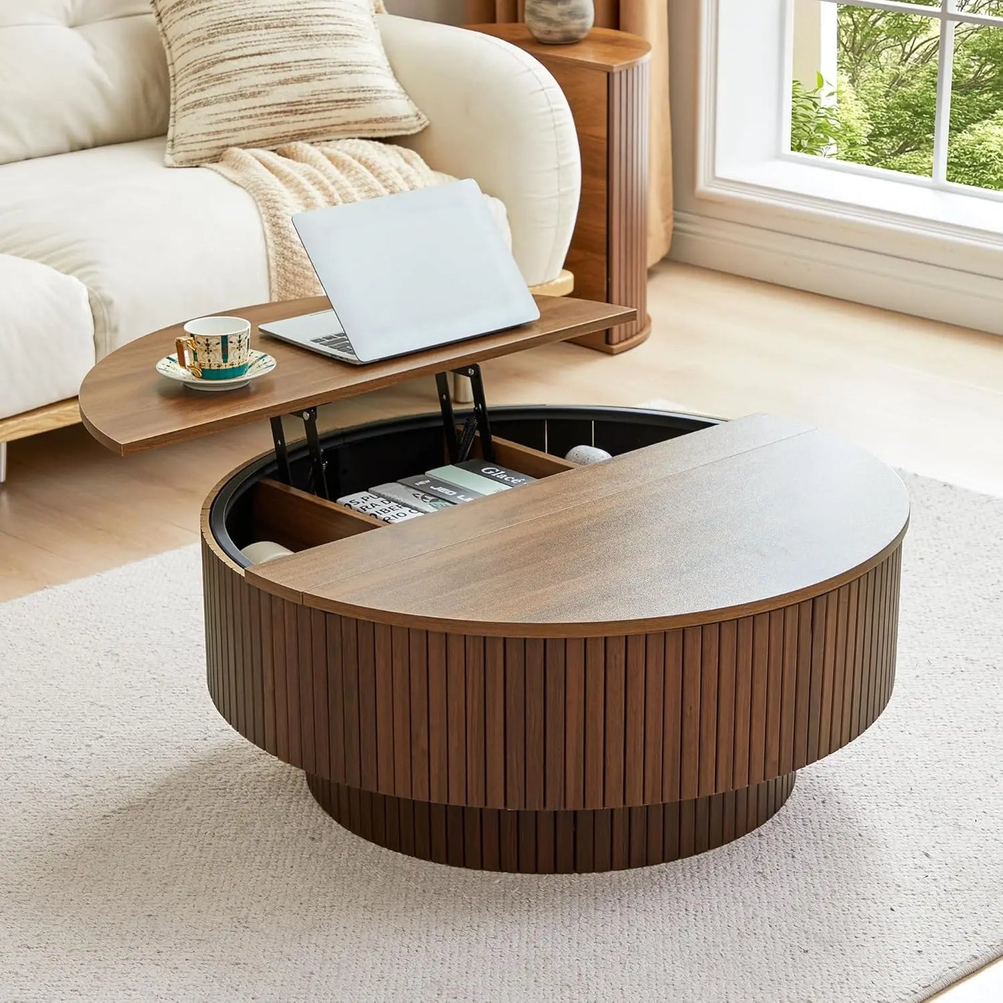 31.5" Modern Accent Round Coffee Table with Storage and Fluted Edge