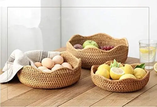 Natural Rattan Storage Baskets Set of 3, Round Woven Bowls for Kitchen Organizing and Home Decor