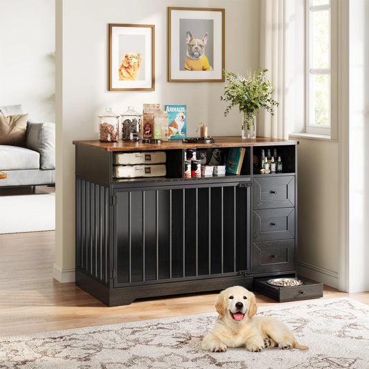 48 Inch Large Farmhouse Wooden Dog Crate Furniture With 6 Storage Drawers  and Feeding Station