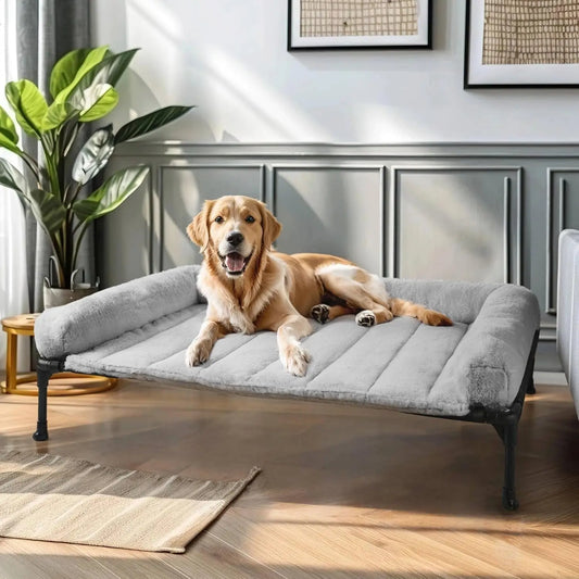 Elevated Orthopedic Dog Cot with Plush Bolster, and Removable Washable Mat, Non-Slip Feet, Grey