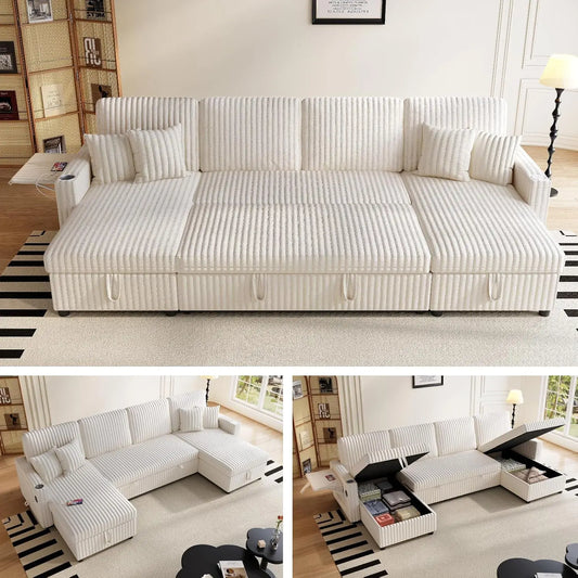 U Shaped Sleeper Sectional Sofa with Pull-Out Bed,  Chaise Storage and USB Ports