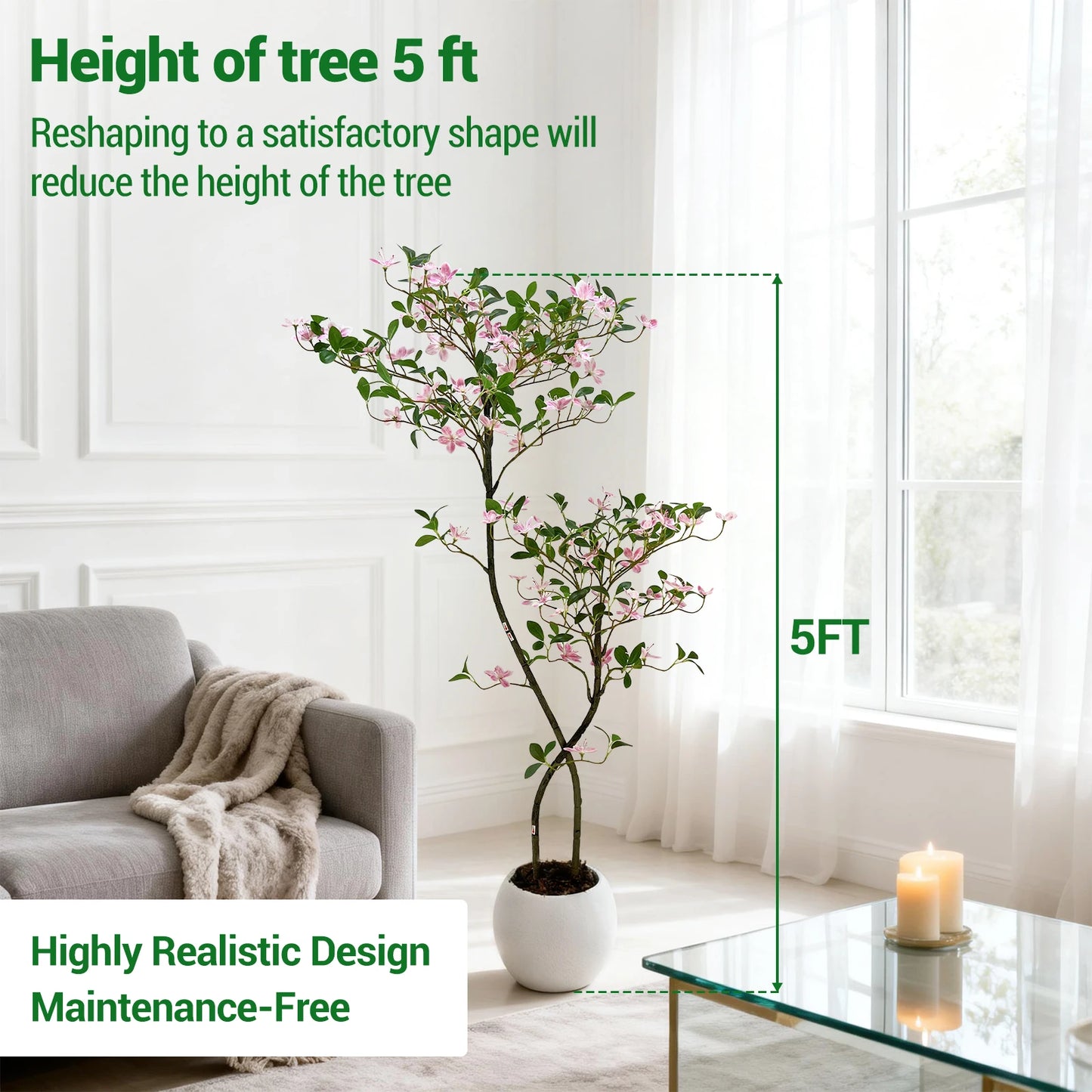 Realistic Pink Blossom Faux Jasmine Tree with UV-Resistant Leaves and  White Planter