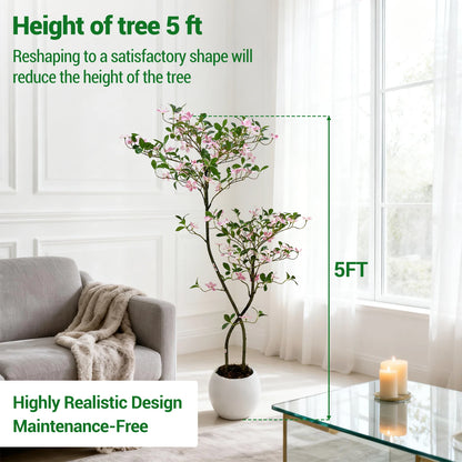 Realistic Pink Blossom Faux Jasmine Tree with UV-Resistant Leaves and  White Planter