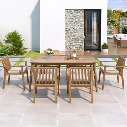 7-Piece Acacia Outdoor Dining Set - 70.75" Table & 6 Chairs w/ Cushions for Patio & Garden