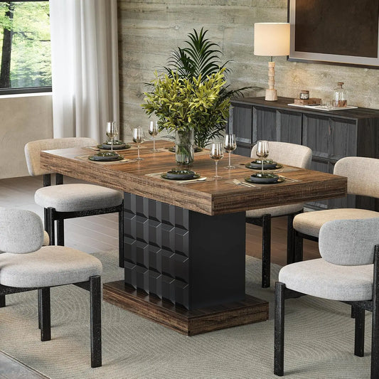 Modern Rectangular Dining Table for 4-6,  Sturdy Wood Pedestal Base in Rustic Brown & Black