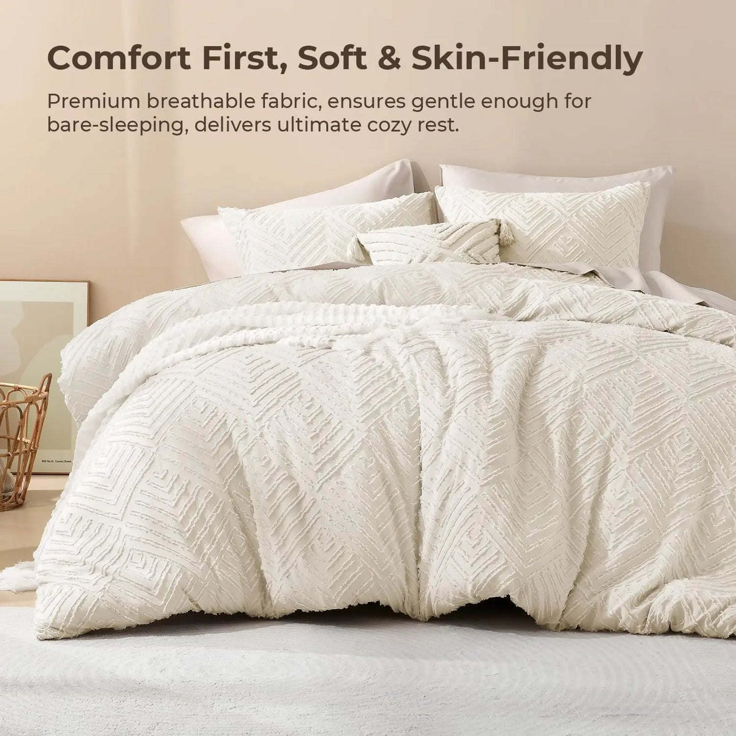 King Size Beige 3-Piece Comforter Set,  Boho Farmhouse Style with Tufted Design, Lightweight for All Seasons