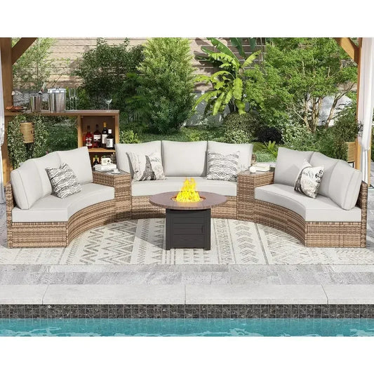 11-Piece Weather-Resistant Outdoor Wicker  Half- Moon Sectional Sofa Set with Storage Wedge Table