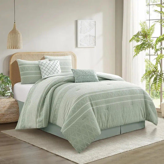 6-Piece Sage Geometric King Comforter Set with Bedskirt, Pillows, and Shams for Home Decor
