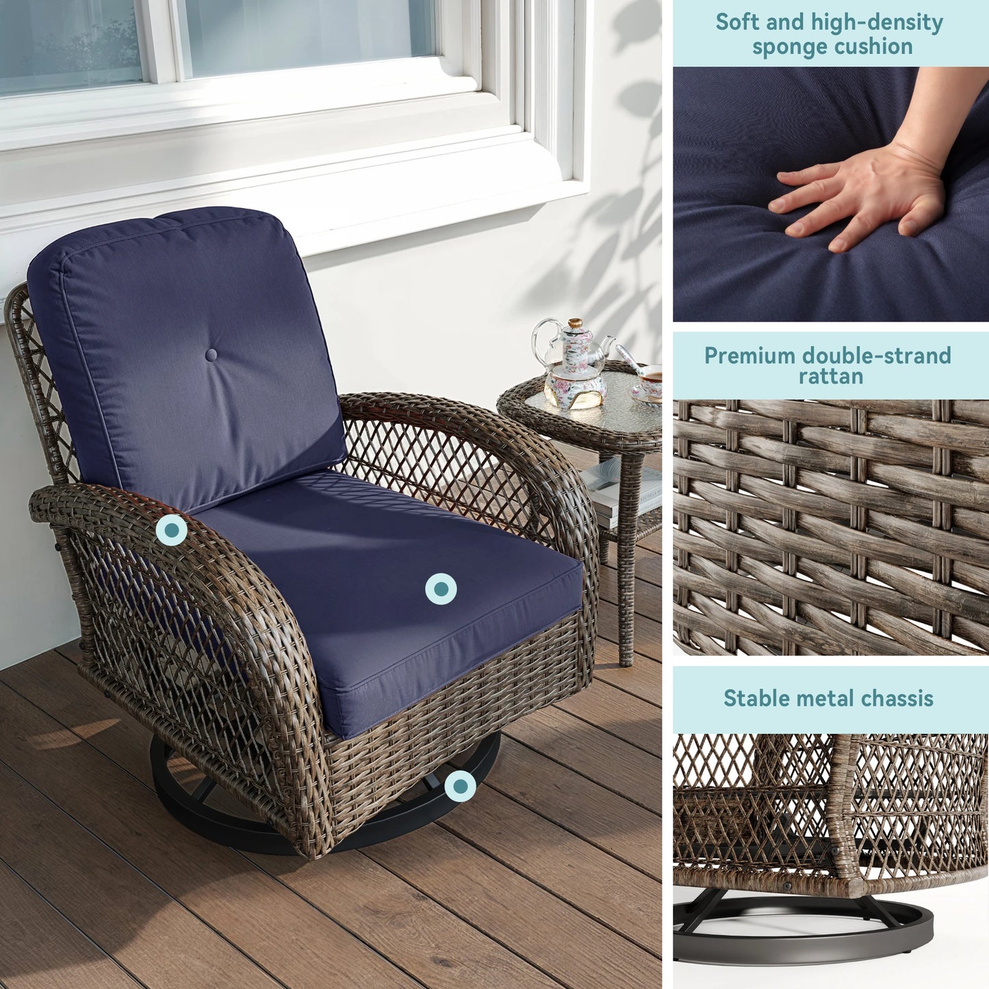 3 Pieces Rotating Rocker Patio Furniture Set