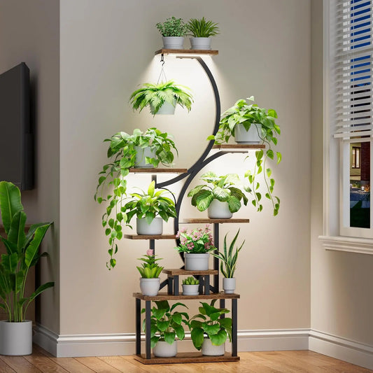 Indoor Plant Stand with Grow Lights 62 Inch Tall, 8 Tier Brown,