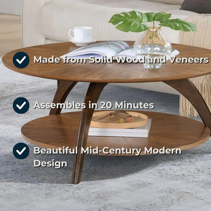 Round Wood Coffee Table with Lower Shelf . Caramel Brown with Walnut Brown Legs