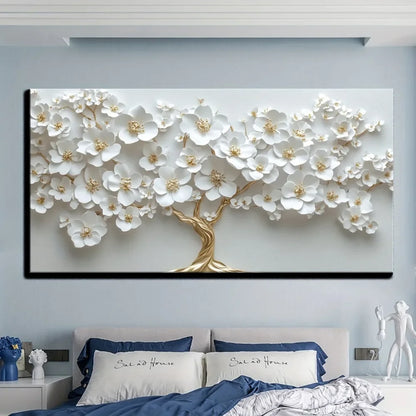 1 Nordic white flower oil painting on canvas. 1.5 inch thick pine solid wood frame