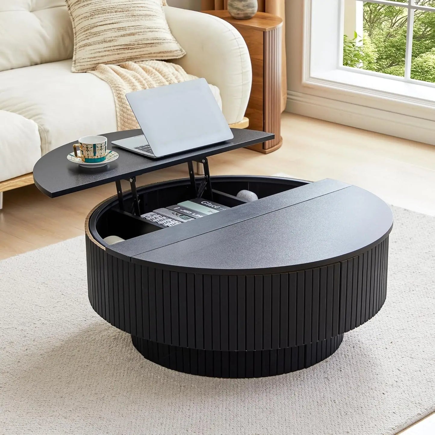 31.5" Modern Accent Round Coffee Table with Storage and Fluted Edge