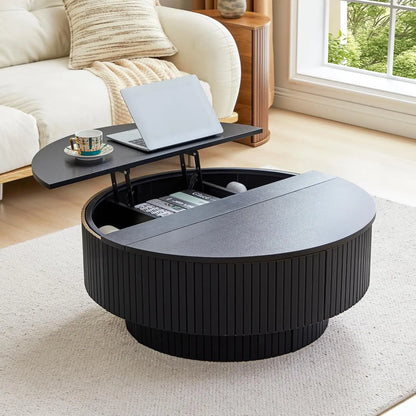 31.5" Modern Accent Round Coffee Table with Storage and Fluted Edge