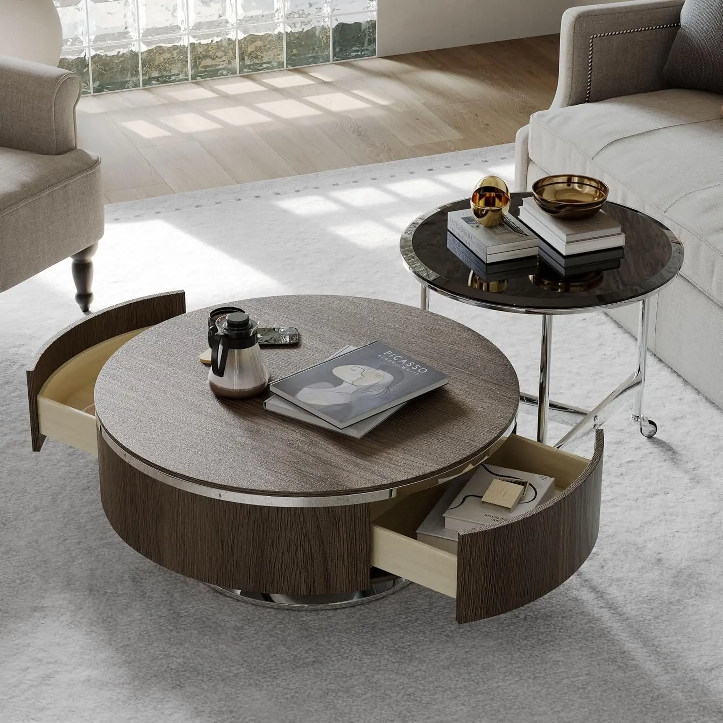 Mid-Century  Walnut and Gold Round Nesting Coffee Table Set of 2,