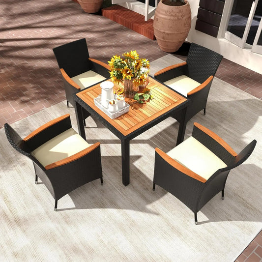 5 Pieces Rattan  & Luxurious Acacia Wood Outdoor Dining Set