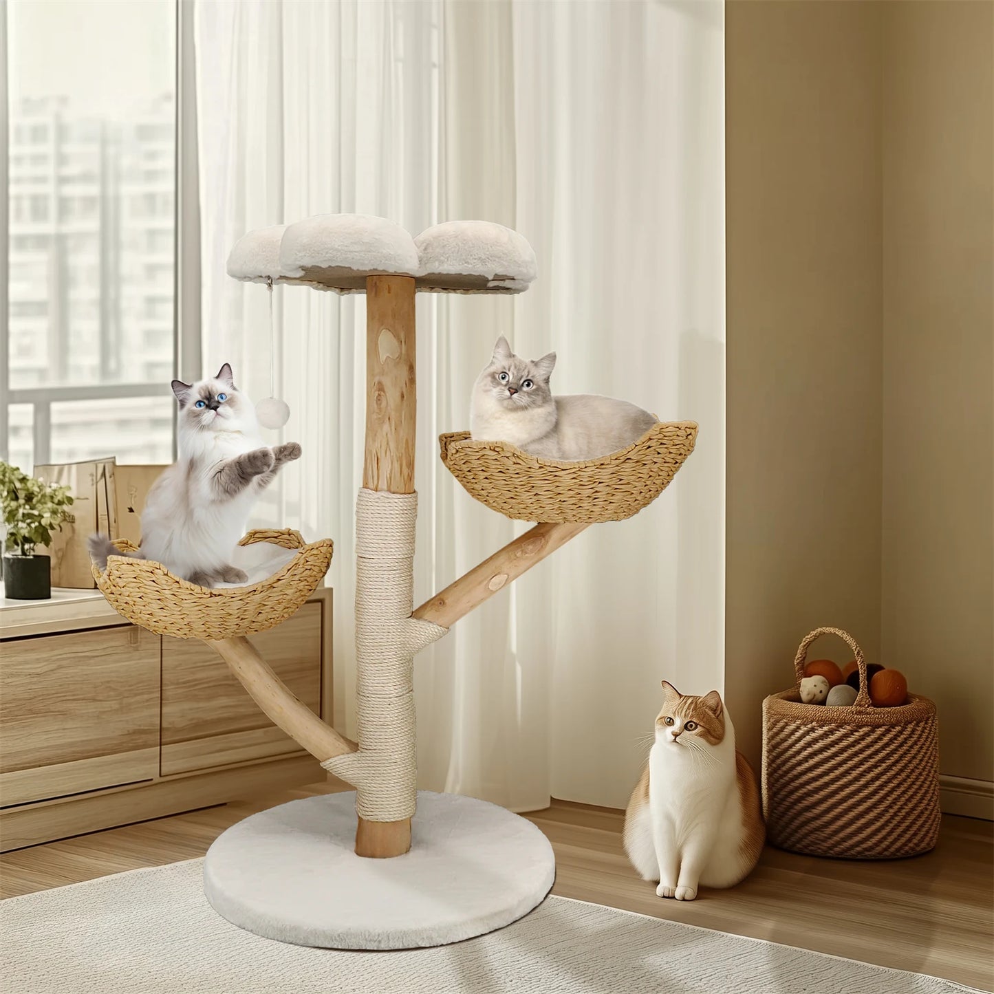 Modern Indoor Cat Activity Tower with Plush Cushion, Scratching Post and Toy Ball.
