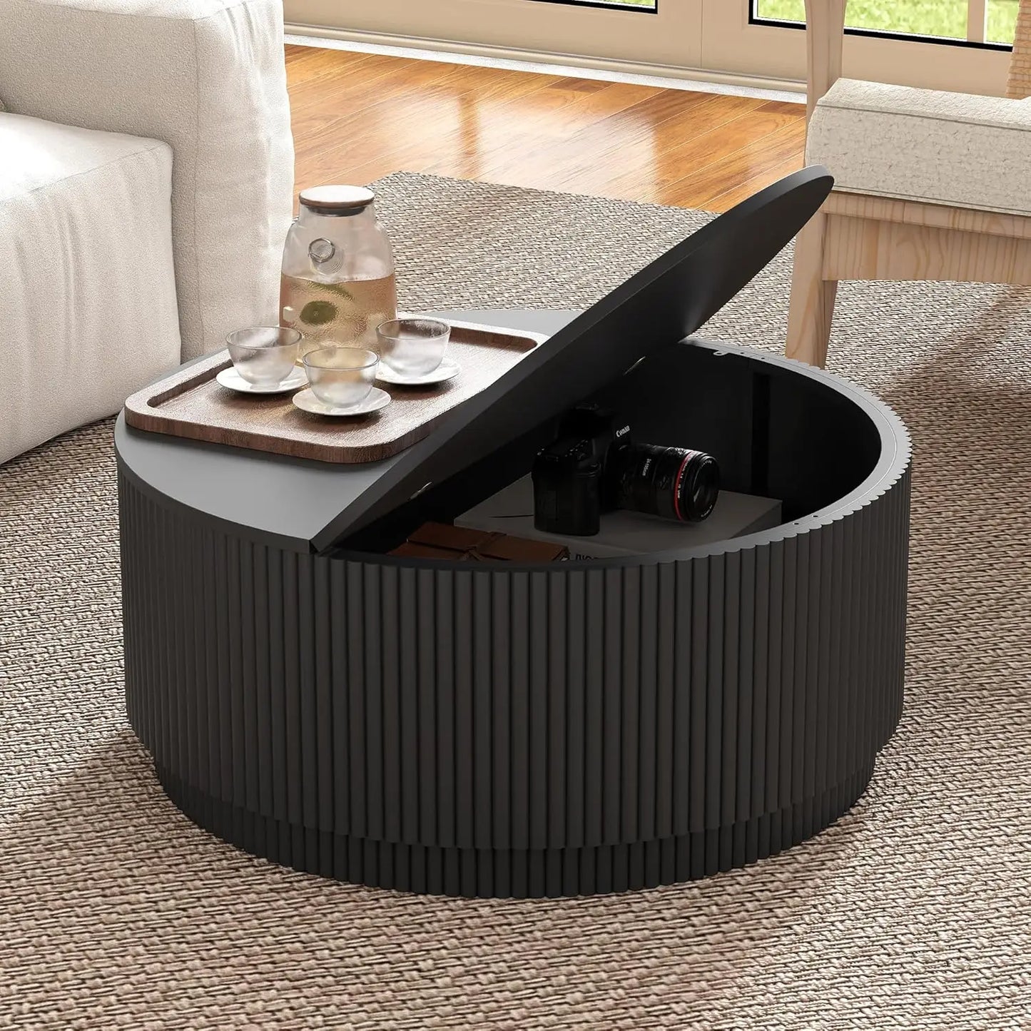 31.5" Modern Accent Round Coffee Table with Storage and Fluted Edge