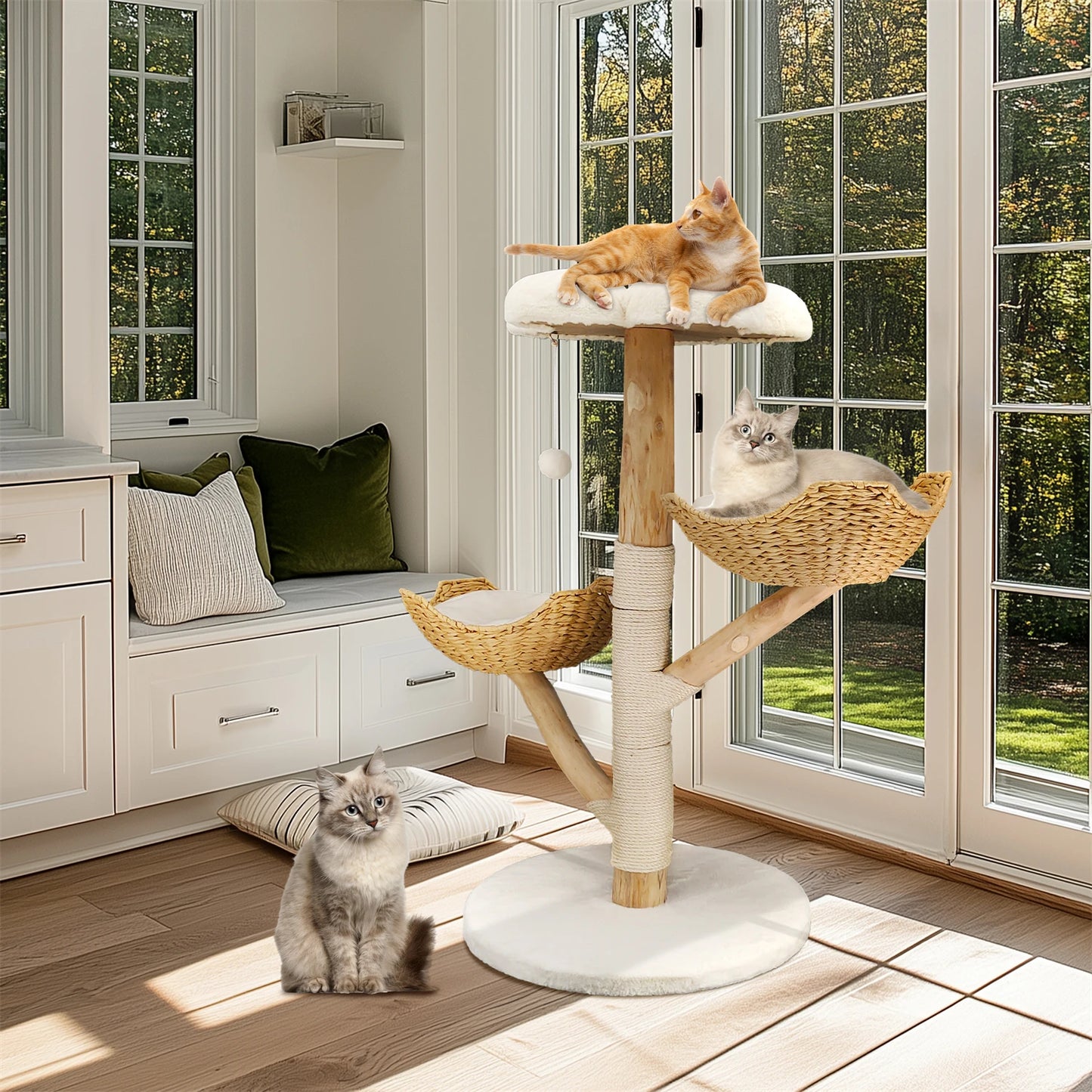 Modern Indoor Cat Activity Tower with Plush Cushion, Scratching Post and Toy Ball.