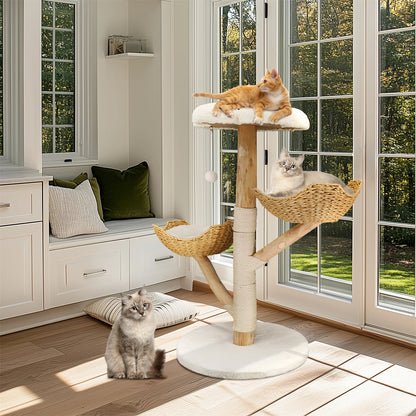Modern Indoor Cat Activity Tower with Plush Cushion, Scratching Post and Toy Ball.