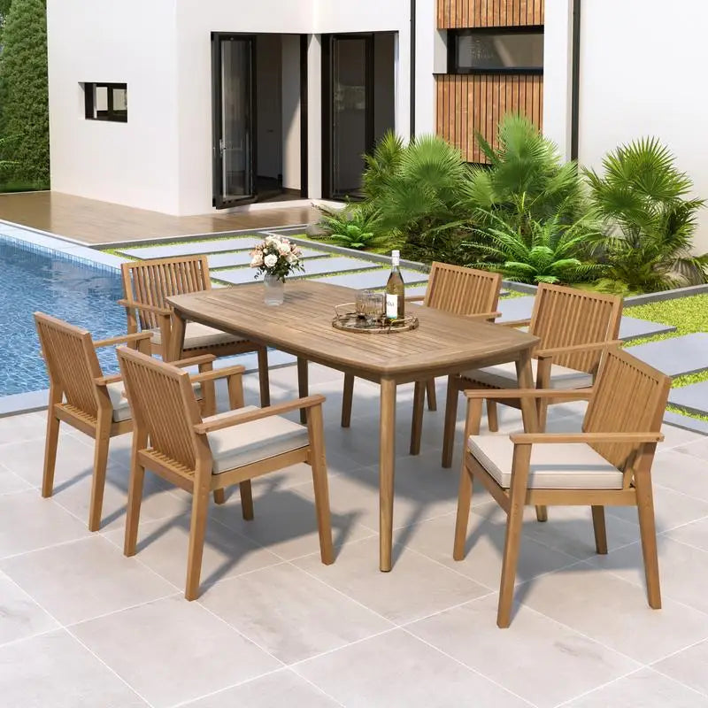 7-Piece Acacia Outdoor Dining Set - 70.75" Table & 6 Chairs w/ Cushions for Patio & Garden