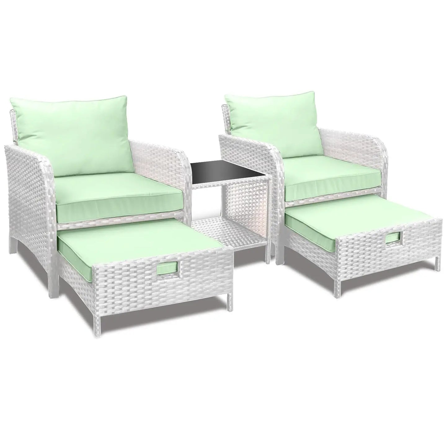 5 Piece Balcony Wicker Rattan Furniture Patio Conversation Set with Lounge Chairs and Footstools.